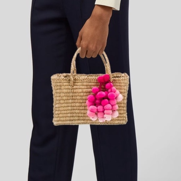 NANNACAY Maldives Baby Pompom Embellished
Woven Raffia Tote Handle Basket Bag - Picture 2 of 9